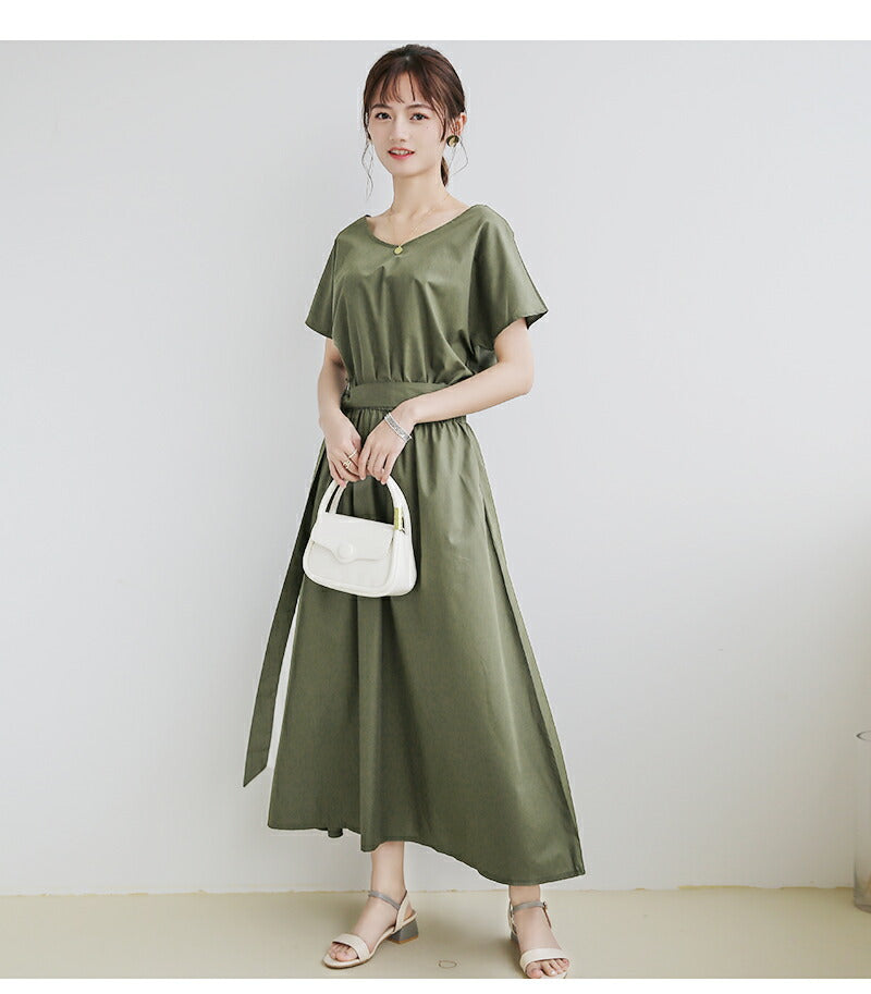 夏新作 ワンピース リネン レディース 春夏 きれいめ リネン混ワンピース フレンチスリーブ ウエストゴム 綿麻 リネン混 Vネック ロング マキシ A ライン ウエストシャーリング ワンピ リネンワンピース 体型カバー