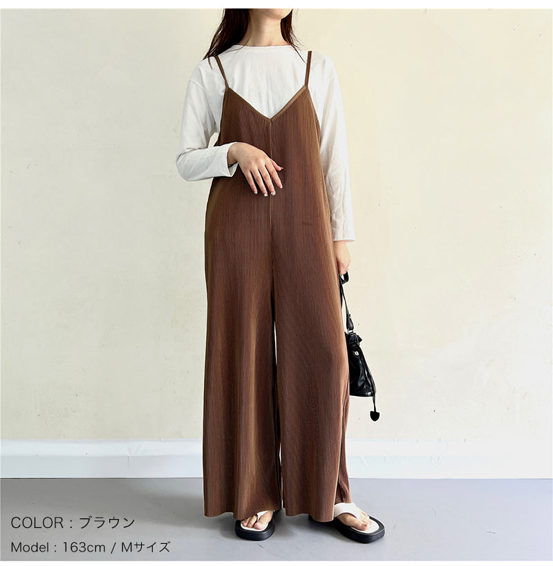 【即納】 プリーツパンツ サロペット パンツ サロペ レディース 春 夏 秋 冬 プリーツ リブ ワイドパンツ ワイドサロペット リブパンツ ボトムス オールインワン Vネック マタニティ セルフカット カットオフ フリーカット 大きいサイズ