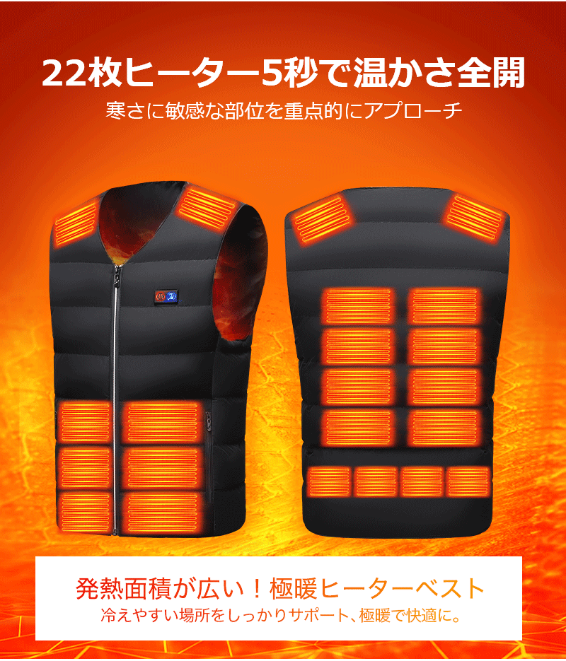 電熱ベスト 22枚ヒーター 35000mAhバッテリー ヒーターベスト 22800mAh バッテリー付き ヒートベスト モバイルバッテリー 冬 薄手 薄い ベスト ユニセックス メンズ レディース 防寒着 防寒ベスト 作業着 洗濯可 速暖 洗える