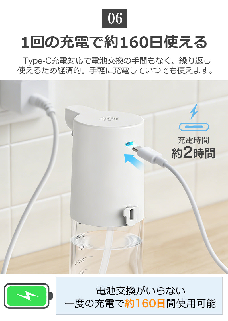 ソープディスペンサー 自動 泡 壁 液体 充電式 食器用洗剤対応 壁掛け ディスペンサー 4段階吐出量 IPX5防水 オートソープディスペンサー ハンドソープディスペンサー オート 詰め替え 400ml キッチン 洗面所 お手洗い等適用 Type-c充電