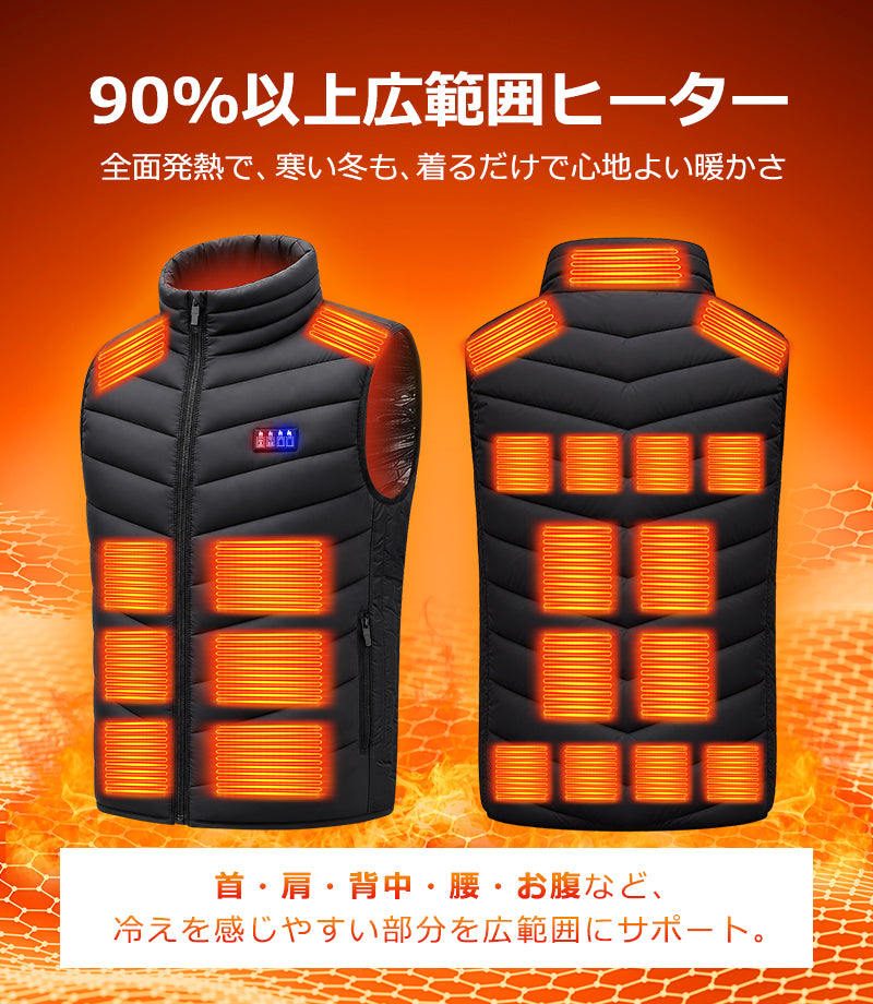 電熱ベスト 23枚ヒーター 40800mAhバッテリー ヒーターベスト 22800mAh バッテリー付き 22枚ヒーター ヒートベスト モバイルバッテリー 冬 薄手 薄い ベスト ユニセックス メンズ レディース 防寒着 防寒ベスト 作業着 洗濯可 速暖 洗える